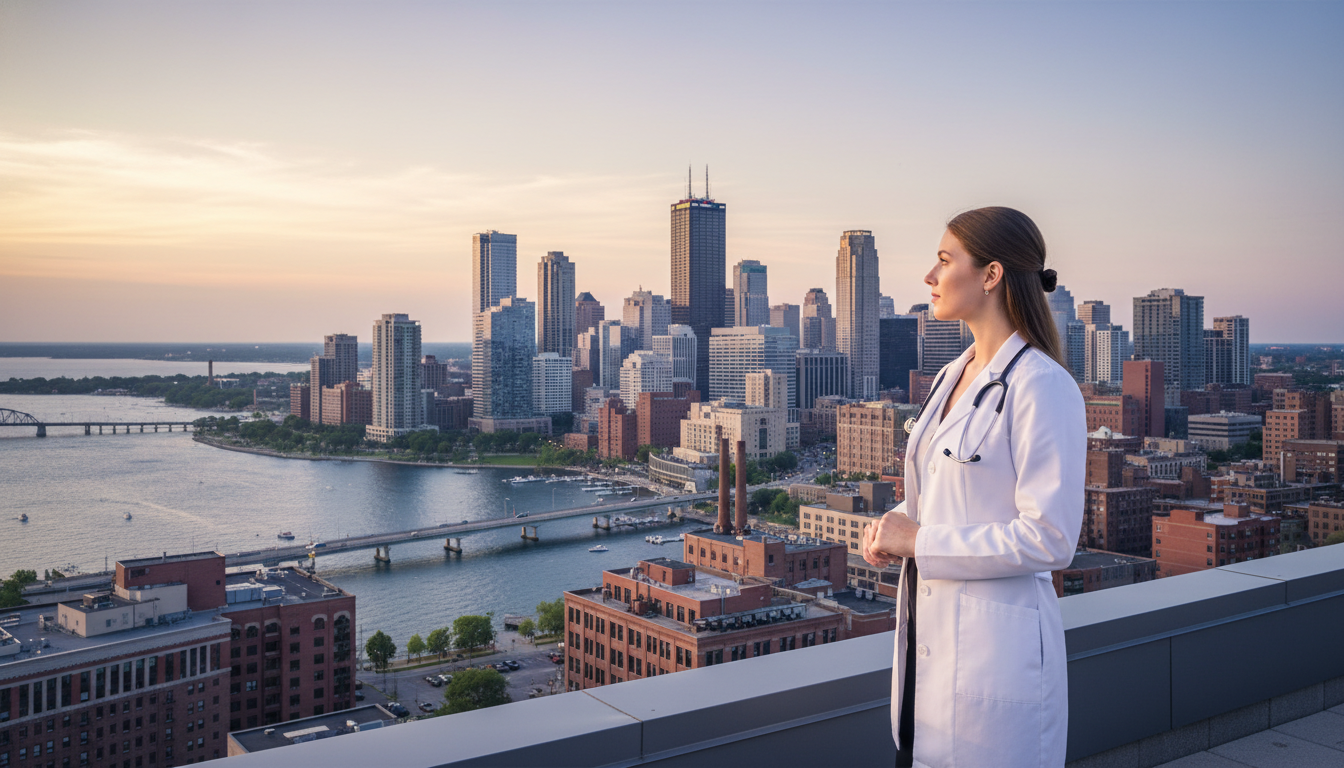 Medical resident overlooking Great Lakes city skyline Medical resident overlooking Great Lakes city skyline - MD graduate residency for Geographic Flexibility for MD Graduate in G