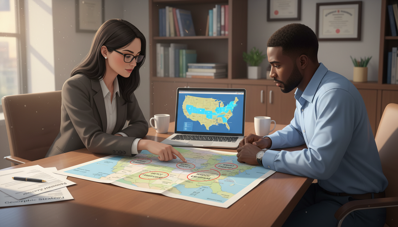 Residency advisor discussing geographic strategy with MD graduate Residency advisor discussing geographic strategy with MD graduate - MD graduate residency for Geographic Flexibility for MD G