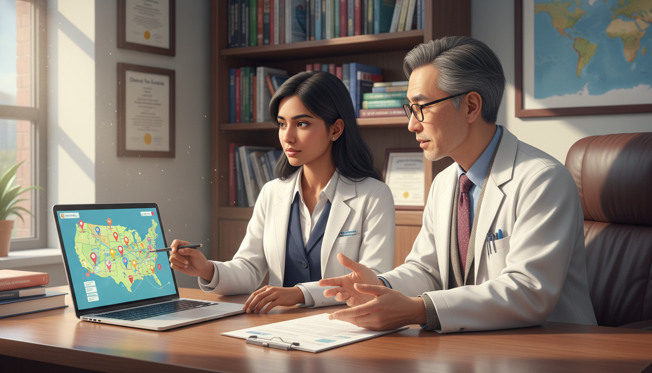 Residency applicant discussing geographic flexibility with a mentor Residency applicant discussing geographic flexibility with a mentor - MD graduate residency for Geographic Flexibility for MD