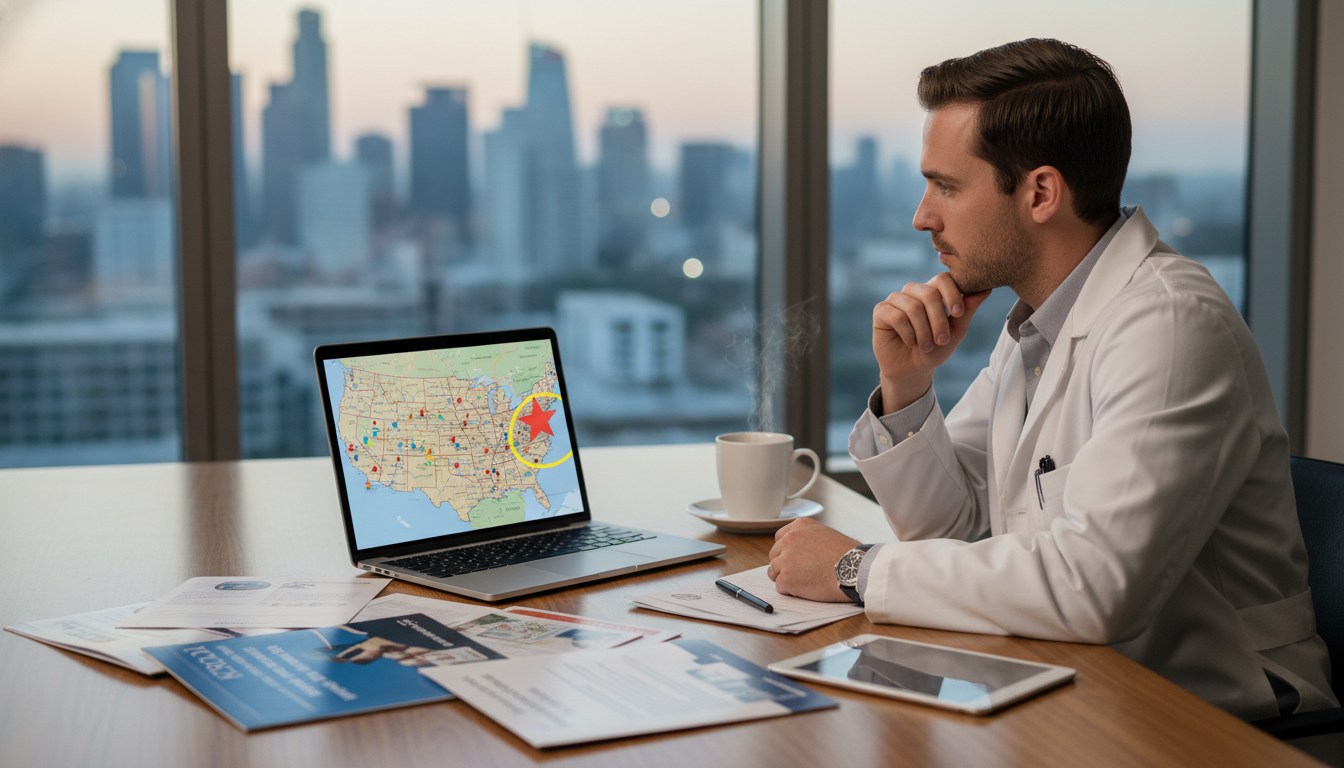 MD graduate evaluating residency program locations on a digital map MD graduate evaluating residency program locations on a digital map - MD graduate residency for Geographic Flexibility for MD
