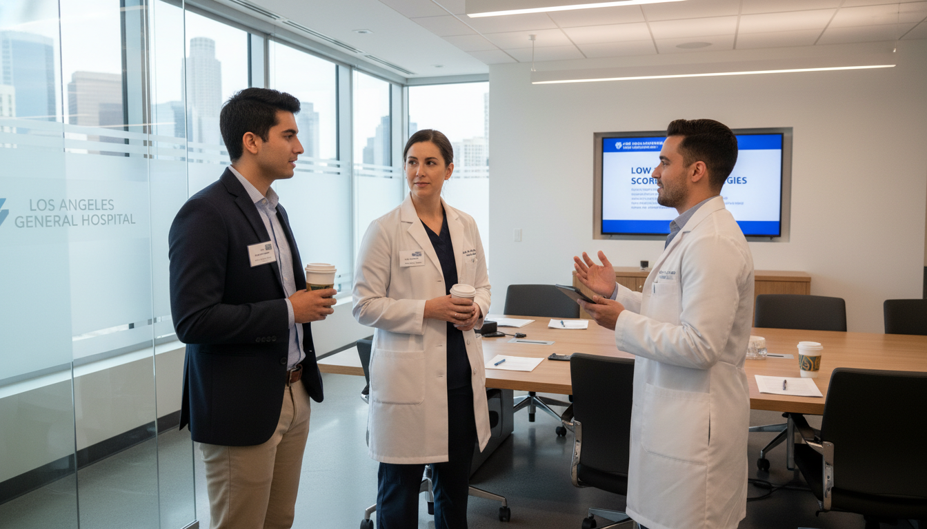 Medical graduate networking with LA residency faculty and residents at a hospital event - MD graduate residency for Low Step
