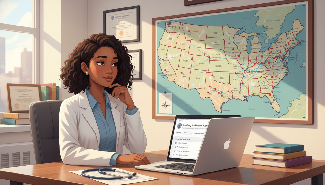 MD graduate using a map and laptop to plan regional residency applications MD graduate using a map and laptop to plan regional residency applications - MD graduate residency for Geographic Flexibility