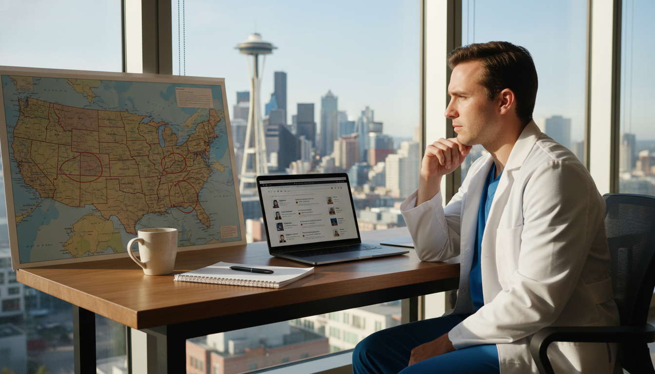 Seattle MD graduate evaluating regional residency preferences on a laptop Seattle MD graduate evaluating regional residency preferences on a laptop - MD graduate residency for Geographic Flexibility