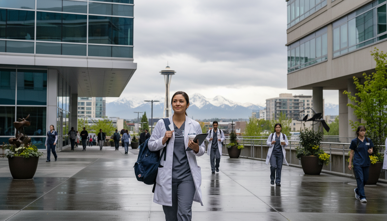 Medical resident walking near a Seattle hospital with mountains in background Medical resident walking near a Seattle hospital with mountains in background - MD graduate residency for Geographic Flexibil