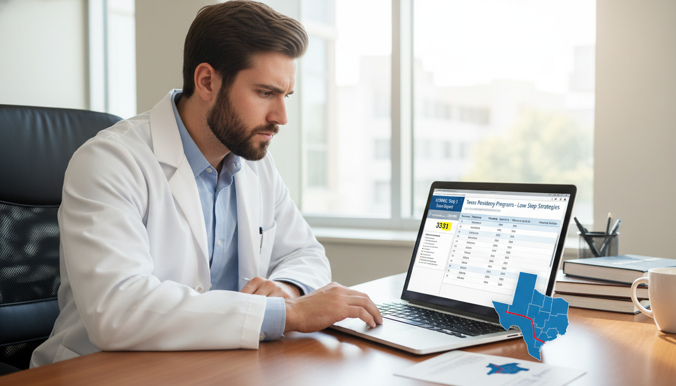 Resident physician reviewing USMLE score report and planning Texas residency applications - MD graduate residency for Low Ste