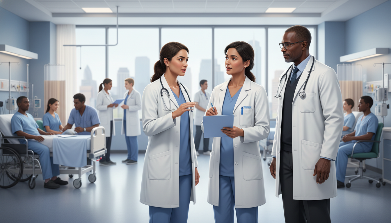 MD graduate working with attending physician and residents in a New York hospital ward - MD graduate residency for Low Step S