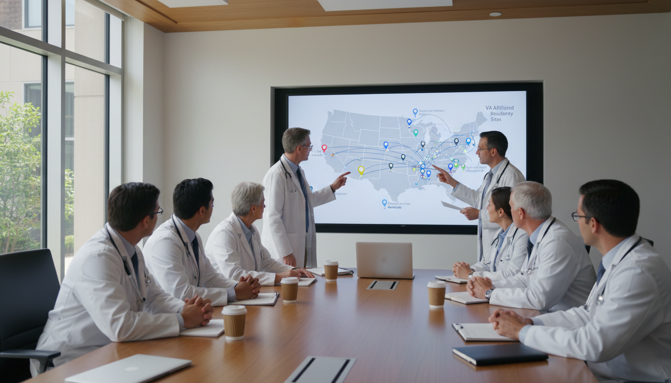 VA hospital residency team discussing regional training options VA hospital residency team discussing regional training options - MD graduate residency for Geographic Flexibility for MD Gra