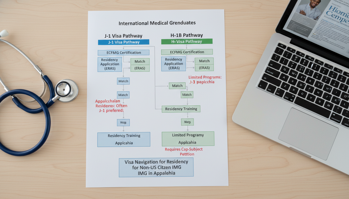Flowchart of J-1 vs H-1B visa path for IMGs in Appalachian residency programs - non-US citizen IMG for Visa Navigation for Re