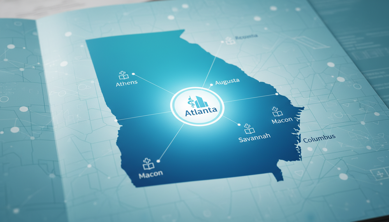 Map of Georgia with Atlanta highlighted and additional smaller cities marked as residency options Map of Georgia with Atlanta highlighted and additional smaller cities marked as residency options - non-US citizen IMG for Ge