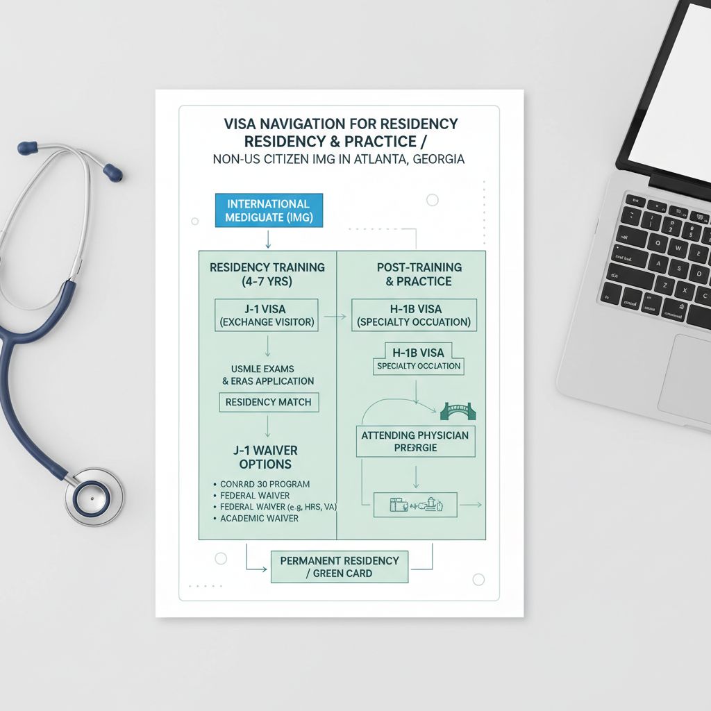 Flowchart of visa paths for non-US citizen IMGs pursuing residency and practice in Georgia Flowchart of visa paths for non-US citizen IMGs pursuing residency and practice in Georgia - non-US citizen IMG for Visa Navi