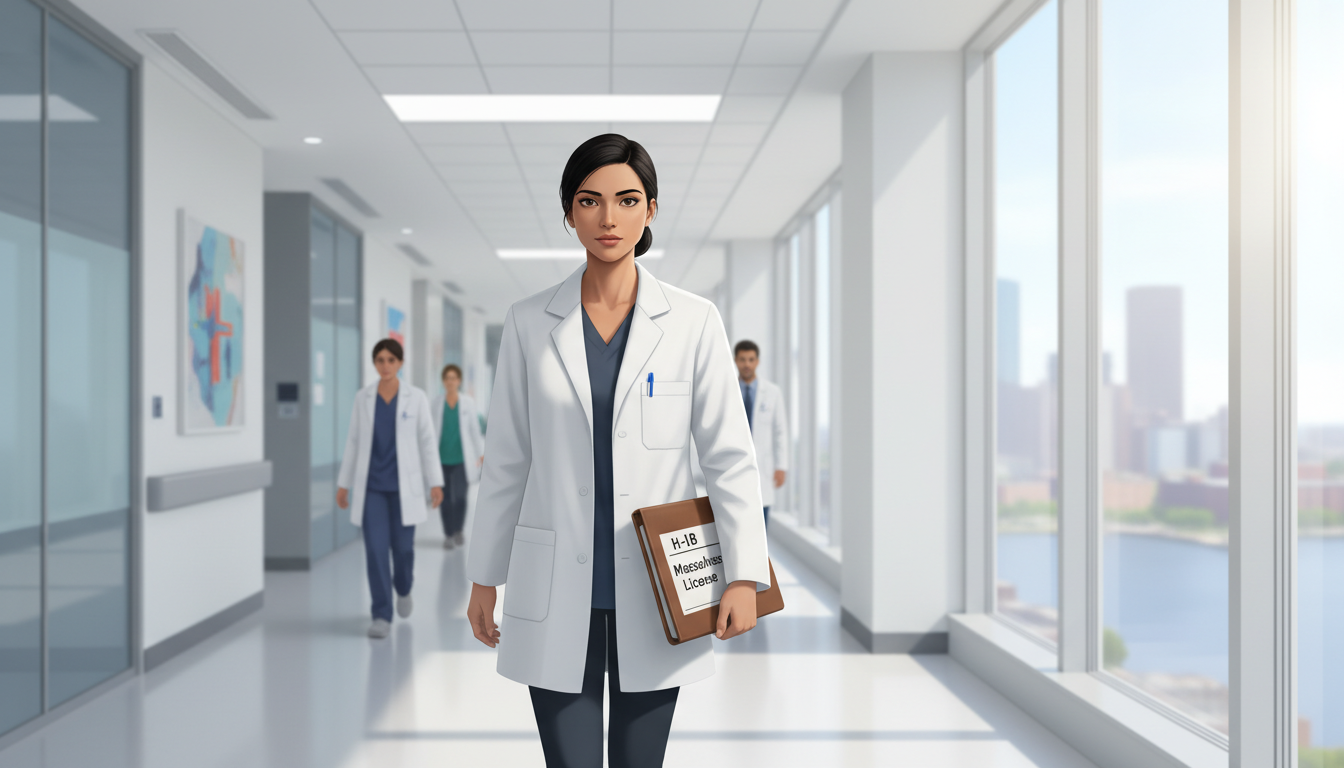 International medical graduate in Boston hospital corridor preparing H-1B documents International medical graduate in Boston hospital corridor preparing H-1B documents - non-US citizen IMG for H-1B Sponsorship