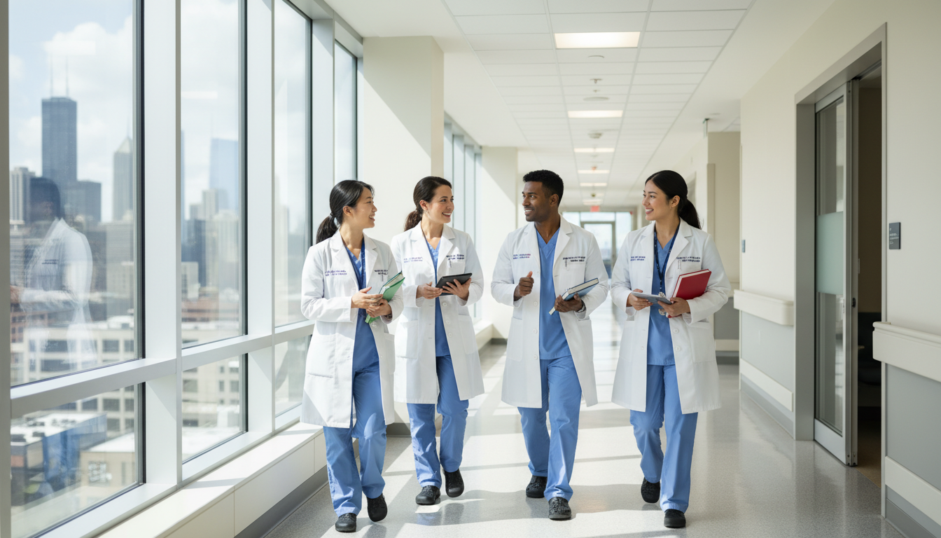 Medical residents in Chicago teaching hospital hallway Medical residents in Chicago teaching hospital hallway - non-US citizen IMG for H-1B Sponsorship Programs for Non-US Citizen