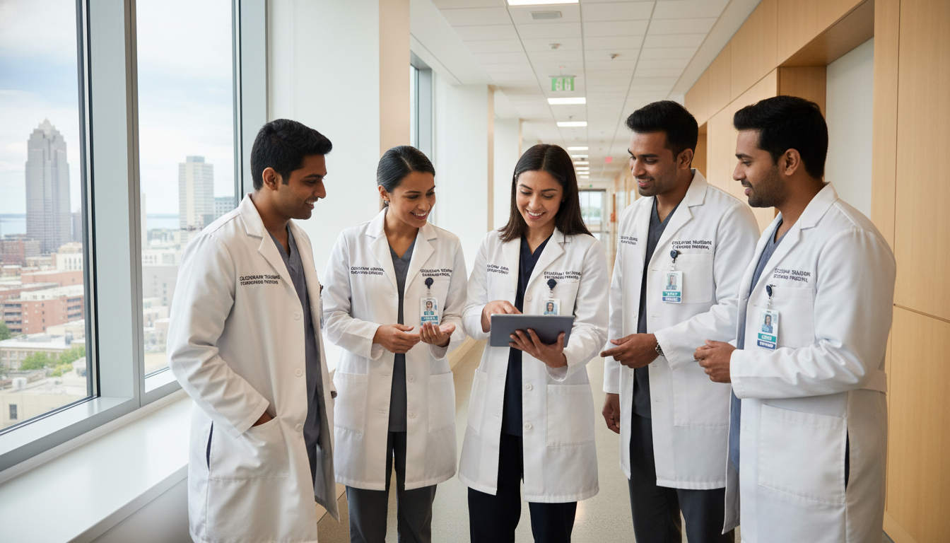 Diverse resident physicians in Cleveland teaching hospital hallway Diverse resident physicians in Cleveland teaching hospital hallway - non-US citizen IMG for H-1B Sponsorship Programs for Non