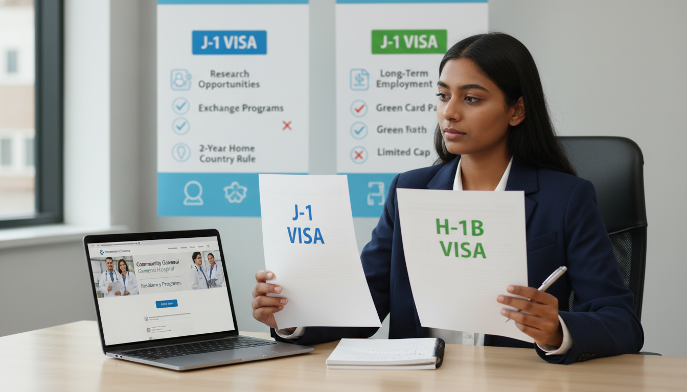 Comparison of J-1 vs H-1B visa options for international medical graduates - non-US citizen IMG for Visa Navigation for Resid