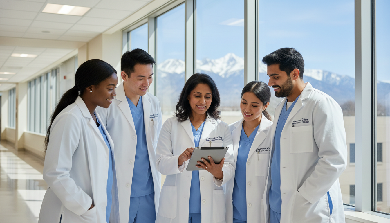 Denver teaching hospital residents on rounds with mountain view Denver teaching hospital residents on rounds with mountain view - non-US citizen IMG for H-1B Sponsorship Programs for Non-US