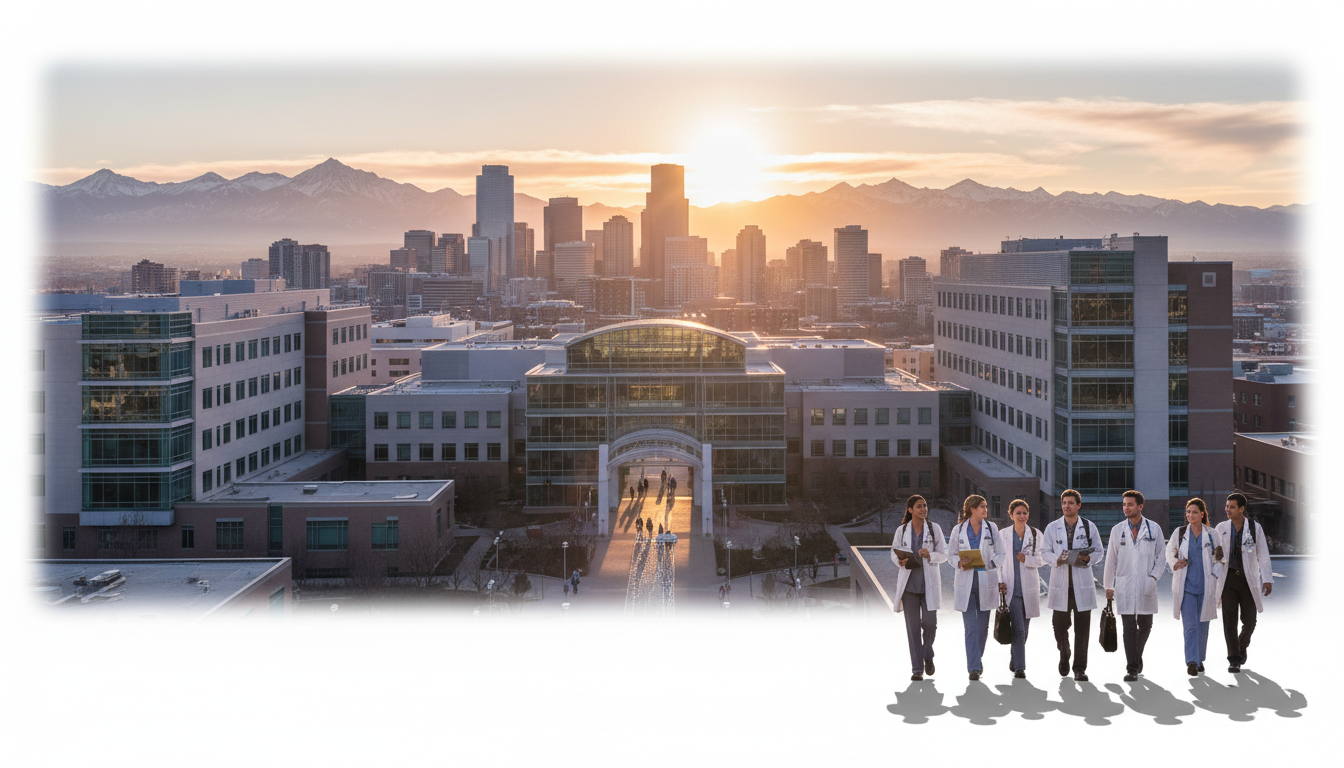 Denver skyline and teaching hospital representing residency and immigration journey Denver skyline and teaching hospital representing residency and immigration journey - non-US citizen IMG for Visa Navigation