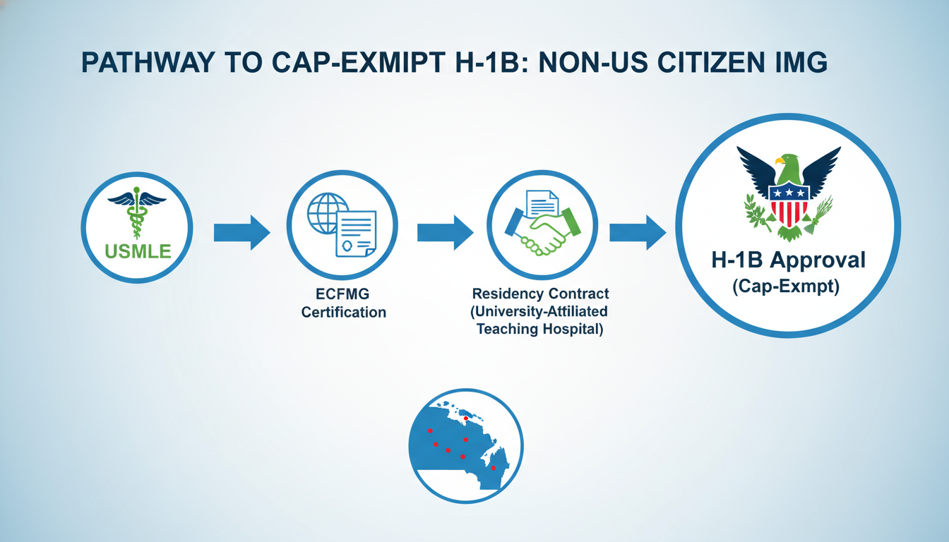Flowchart of H-1B cap-exempt residency pathway for IMGs in Great Lakes region Flowchart of H-1B cap-exempt residency pathway for IMGs in Great Lakes region - non-US citizen IMG for H-1B Sponsorship Progr