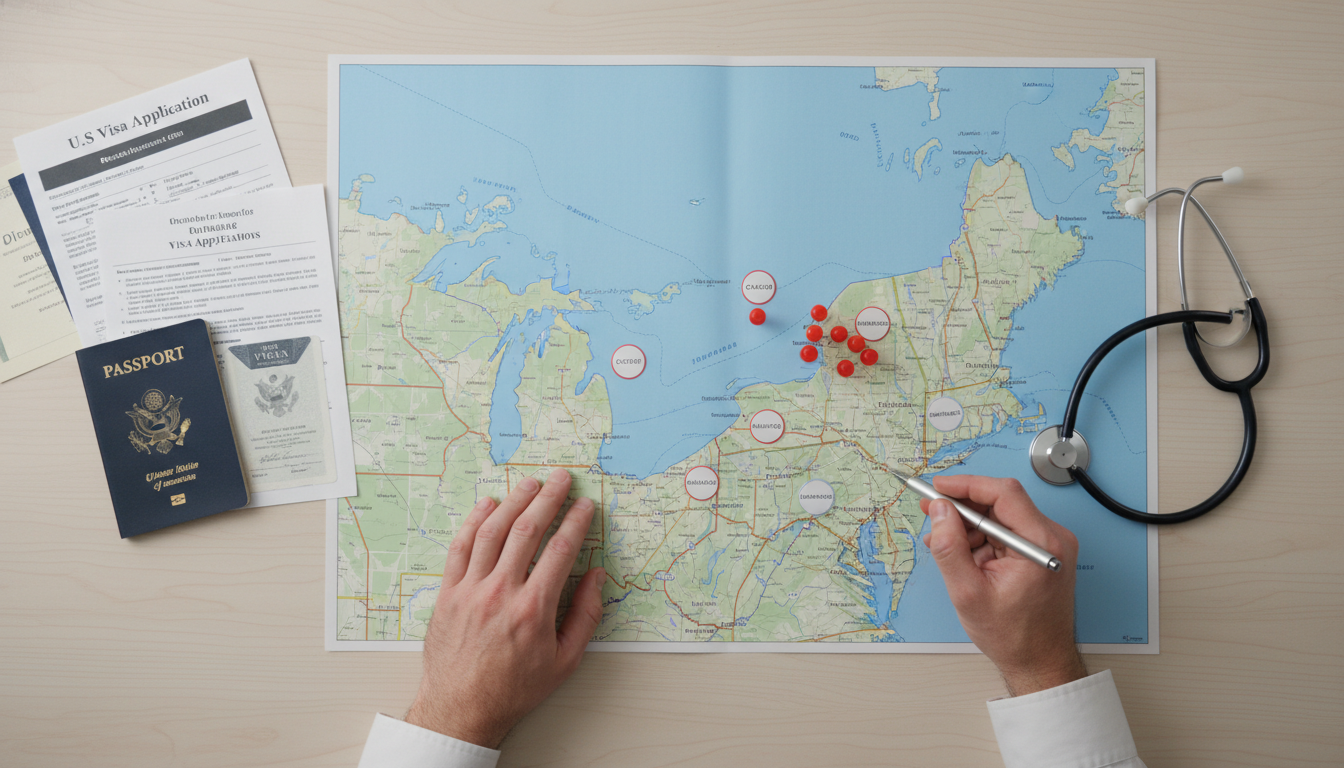 Map of Great Lakes region highlighting hospitals that accept IMGs on J-1 and H-1B visas - non-US citizen IMG for Visa Navigat