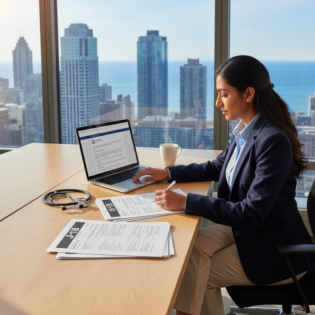 IMG preparing J-1 and H-1B paperwork at a desk with laptop and Great Lakes city backdrop - non-US citizen IMG for Visa Naviga