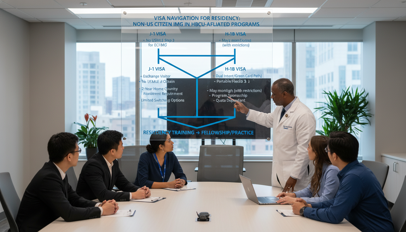 Flowchart explaining J-1 versus H-1B visa pathways for international medical graduates Flowchart explaining J-1 versus H-1B visa pathways for international medical graduates - non-US citizen IMG for Visa Navigati