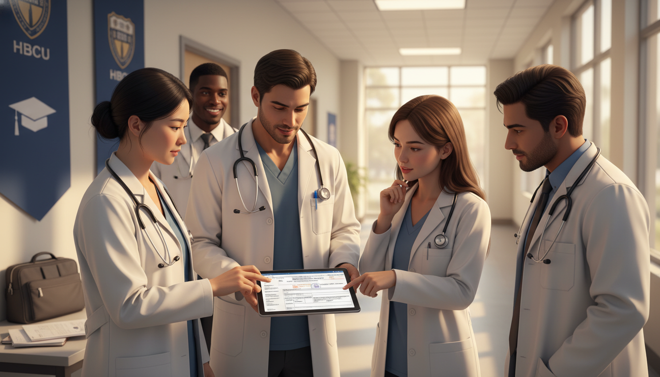 International residents in white coats discussing residency applications at an HBCU-affiliated teaching hospital International residents in white coats discussing residency applications at an HBCU-affiliated teaching hospital - non-US cit