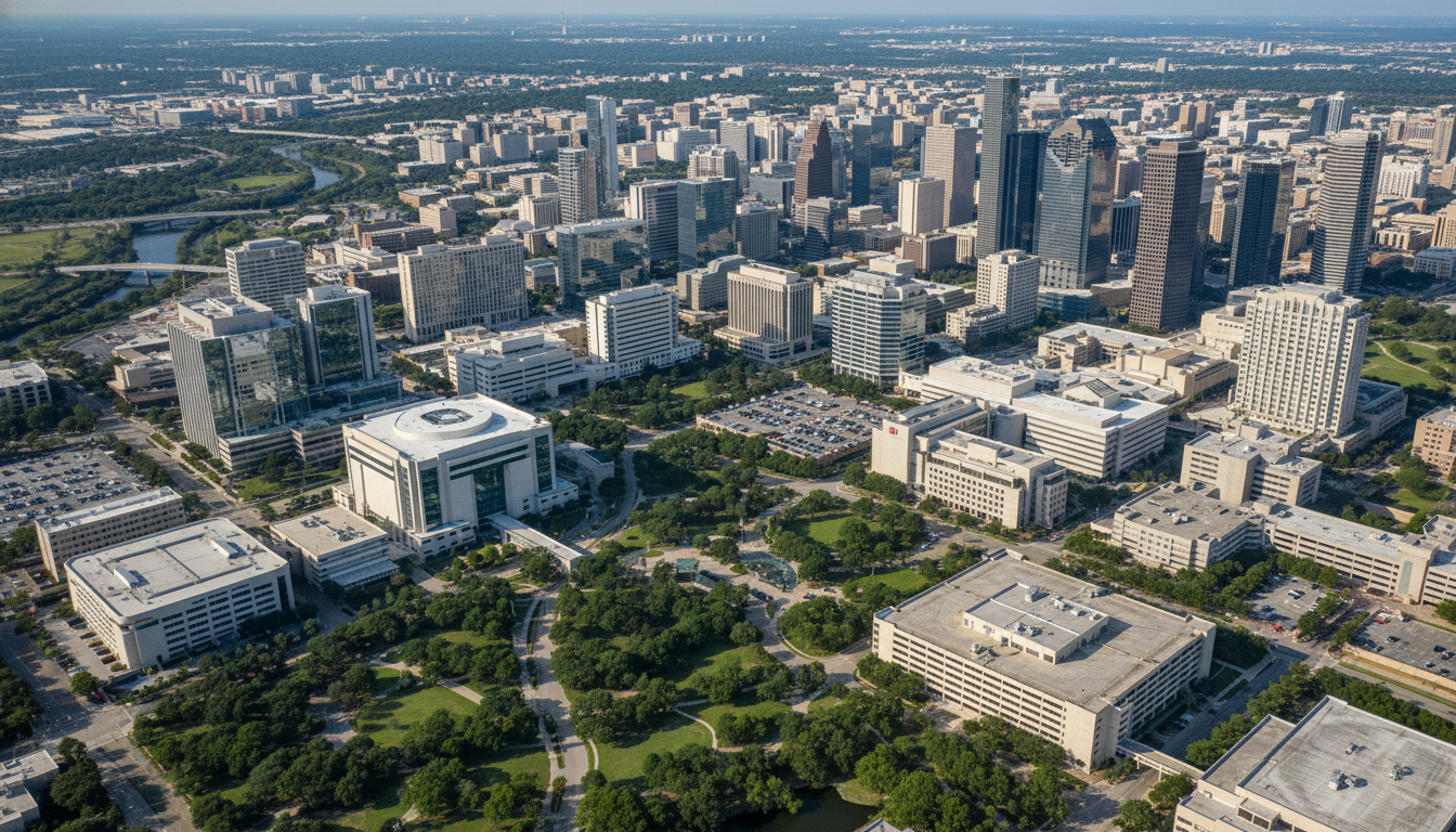 Houston Texas Medical Center aerial view with teaching hospitals Houston Texas Medical Center aerial view with teaching hospitals - non-US citizen IMG for H-1B Sponsorship Programs for Non-U