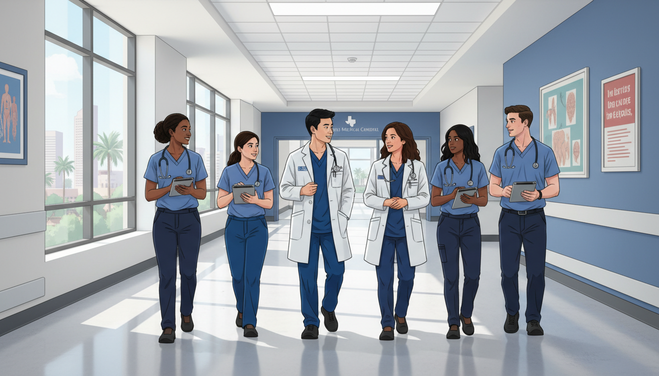 Houston medical residents and attending physician in hospital hallway - non-US citizen IMG for Low Step Score Strategies for