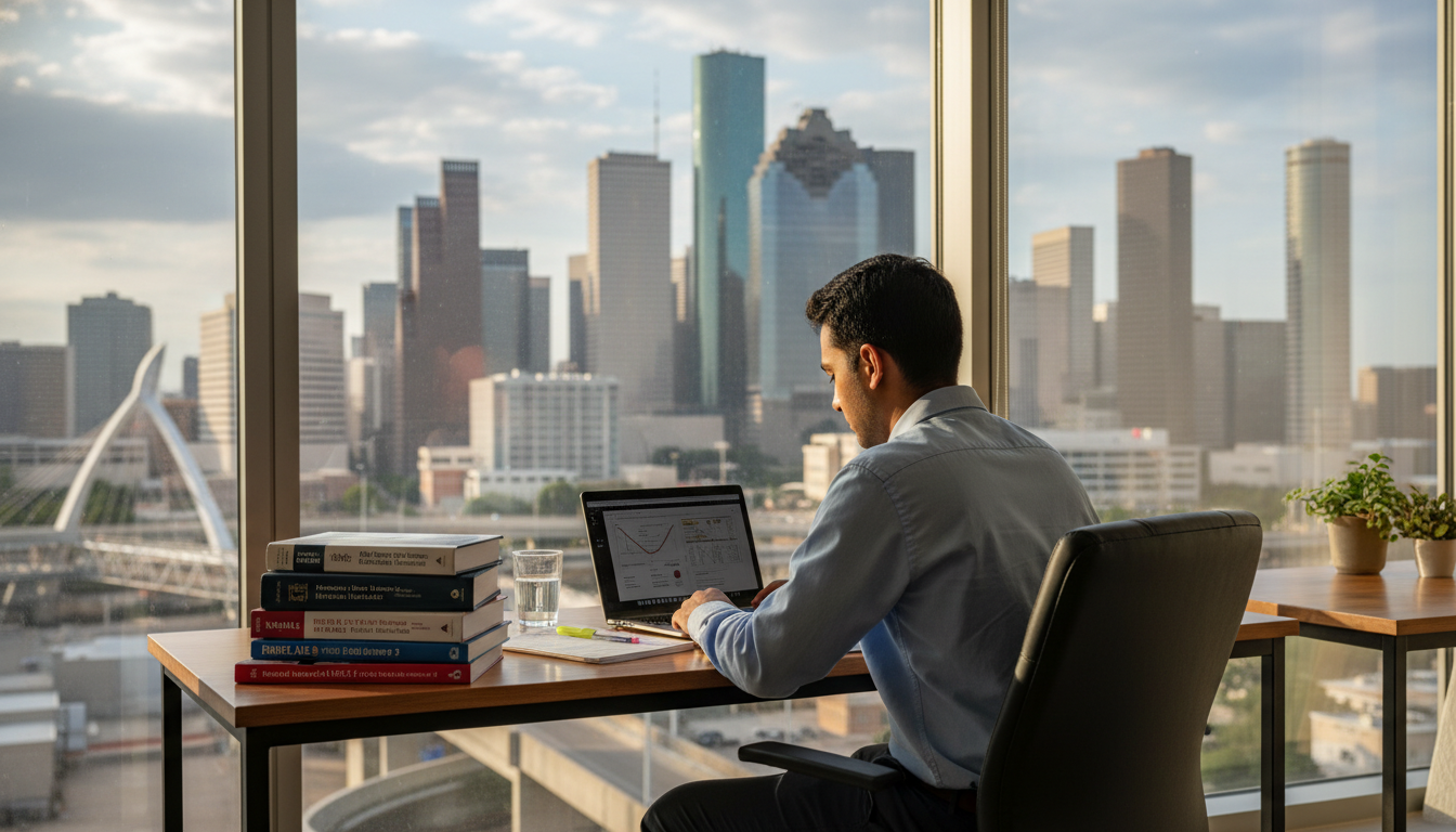 International medical graduate studying for USMLE with Houston skyline view - non-US citizen IMG for Low Step Score Strategie