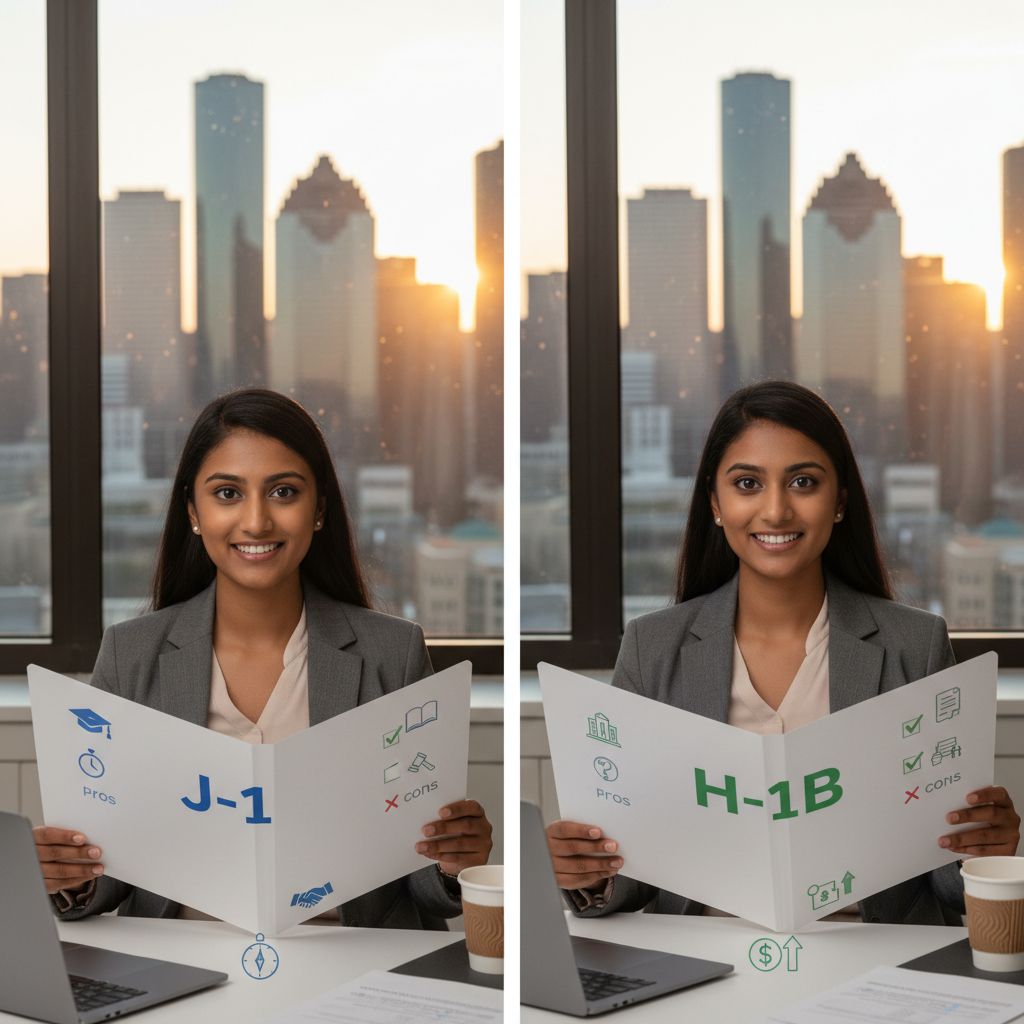 Comparison of J-1 and H-1B visa options for Houston residency Comparison of J-1 and H-1B visa options for Houston residency - non-US citizen IMG for Visa Navigation for Residency for Non-