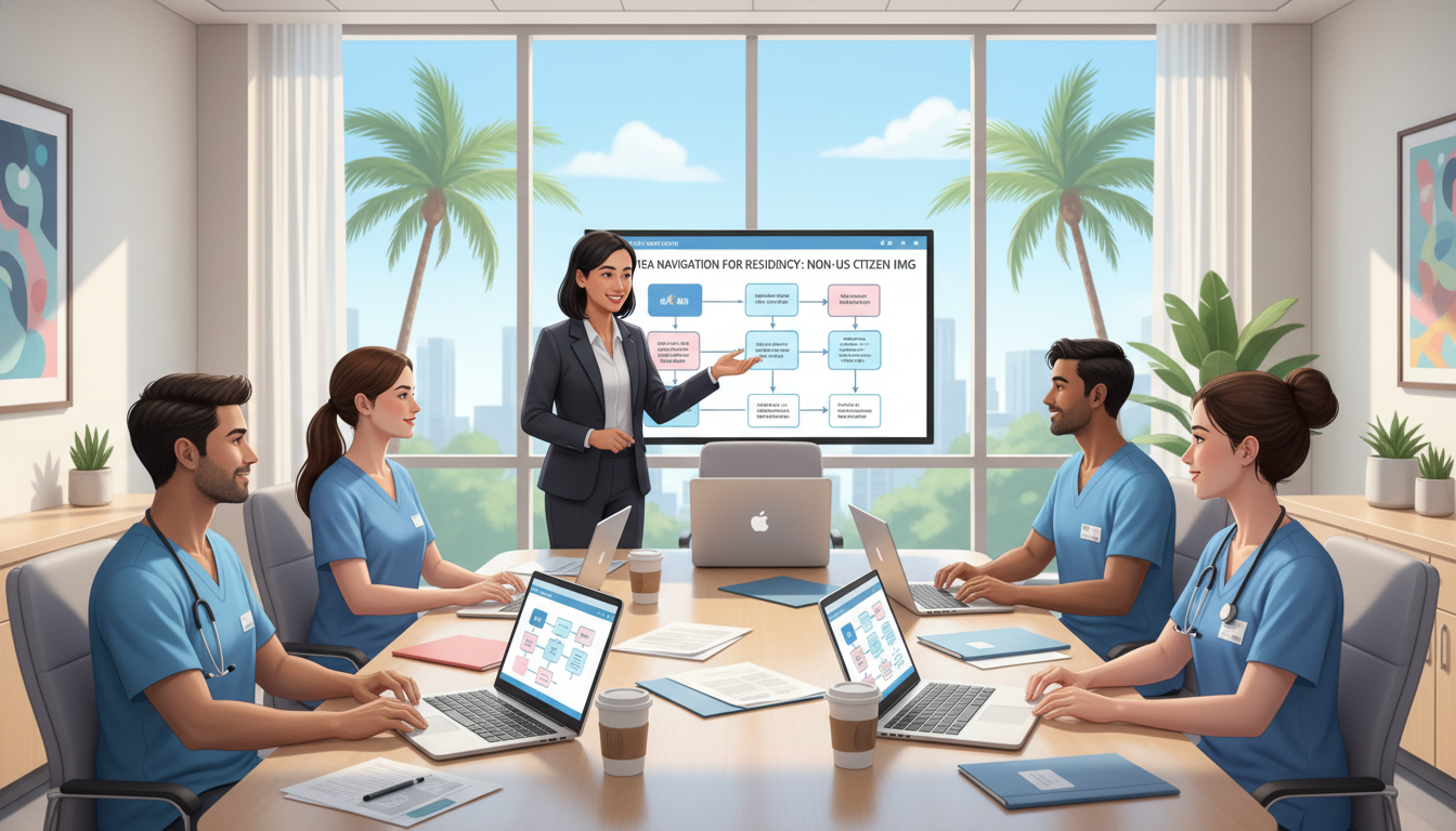 Medical residents in Miami discussing visa options with program coordinator Medical residents in Miami discussing visa options with program coordinator - non-US citizen IMG for Visa Navigation for Resi