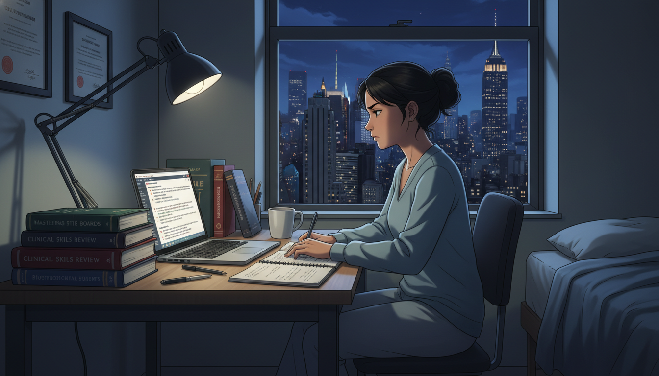International medical graduate studying for USMLE Step 3 in New York City apartment - non-US citizen IMG for Low Step Score S