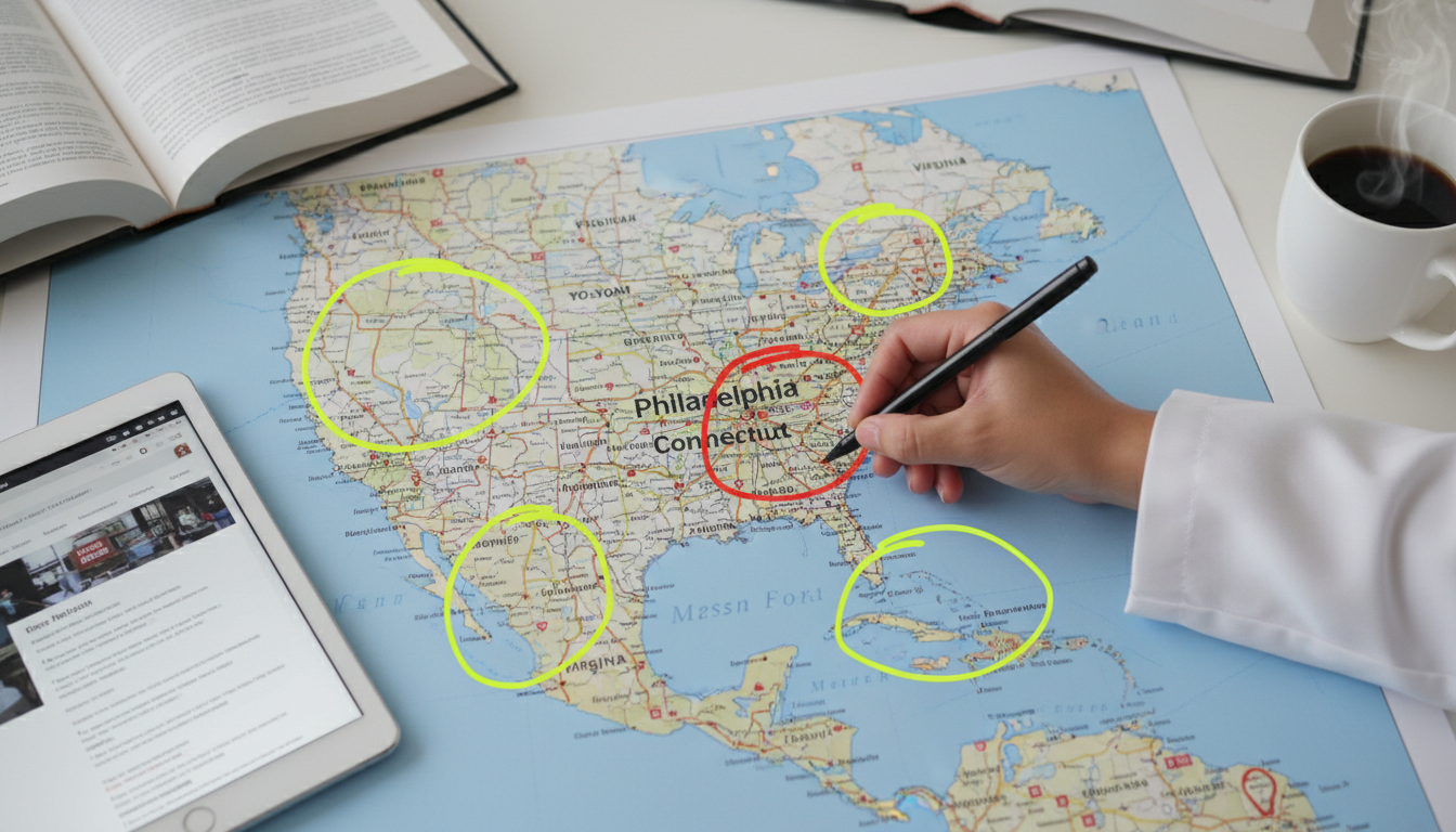 Map showing Philadelphia as a hub with connected regions for residency applications Map showing Philadelphia as a hub with connected regions for residency applications - non-US citizen IMG for Geographic Flexi