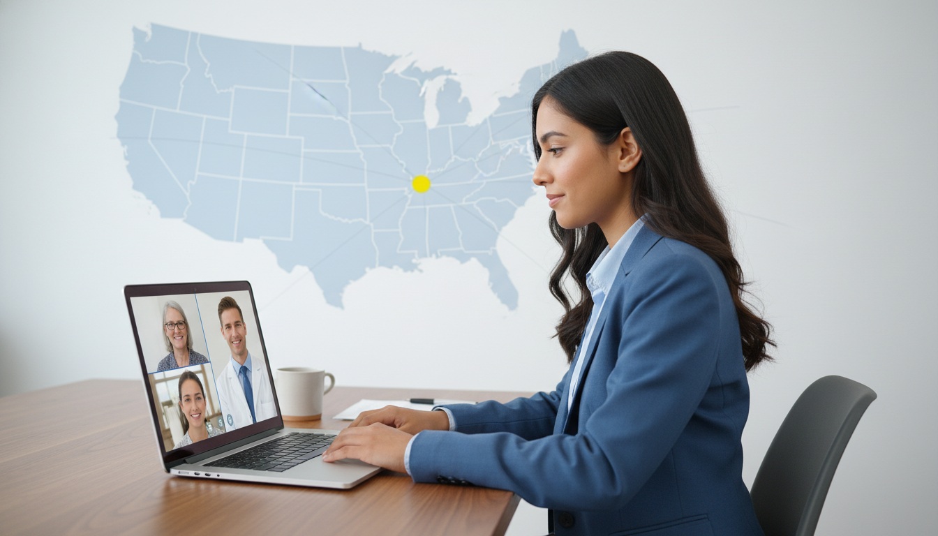 Non-US citizen IMG in a virtual interview discussing geographic flexibility Non-US citizen IMG in a virtual interview discussing geographic flexibility - non-US citizen IMG for Geographic Flexibility f