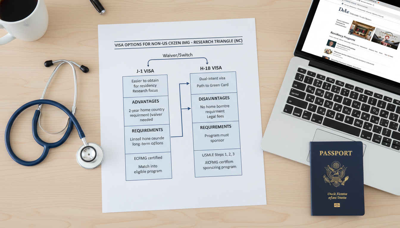 Flowchart of J-1 versus H-1B residency visa pathways for international medical graduates - non-US citizen IMG for Visa Naviga