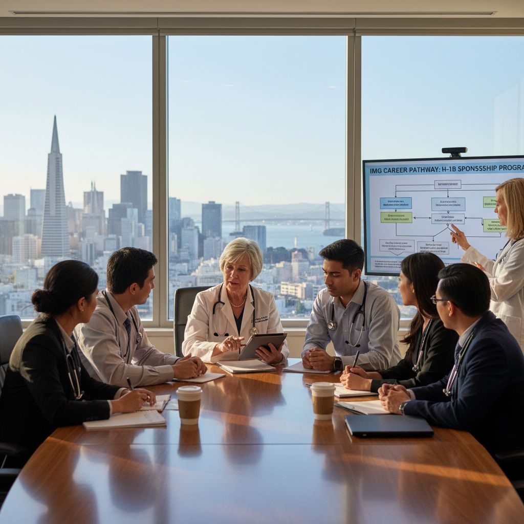 Medical residents discussing career planning in hospital conference room Medical residents discussing career planning in hospital conference room - non-US citizen IMG for H-1B Sponsorship Programs f