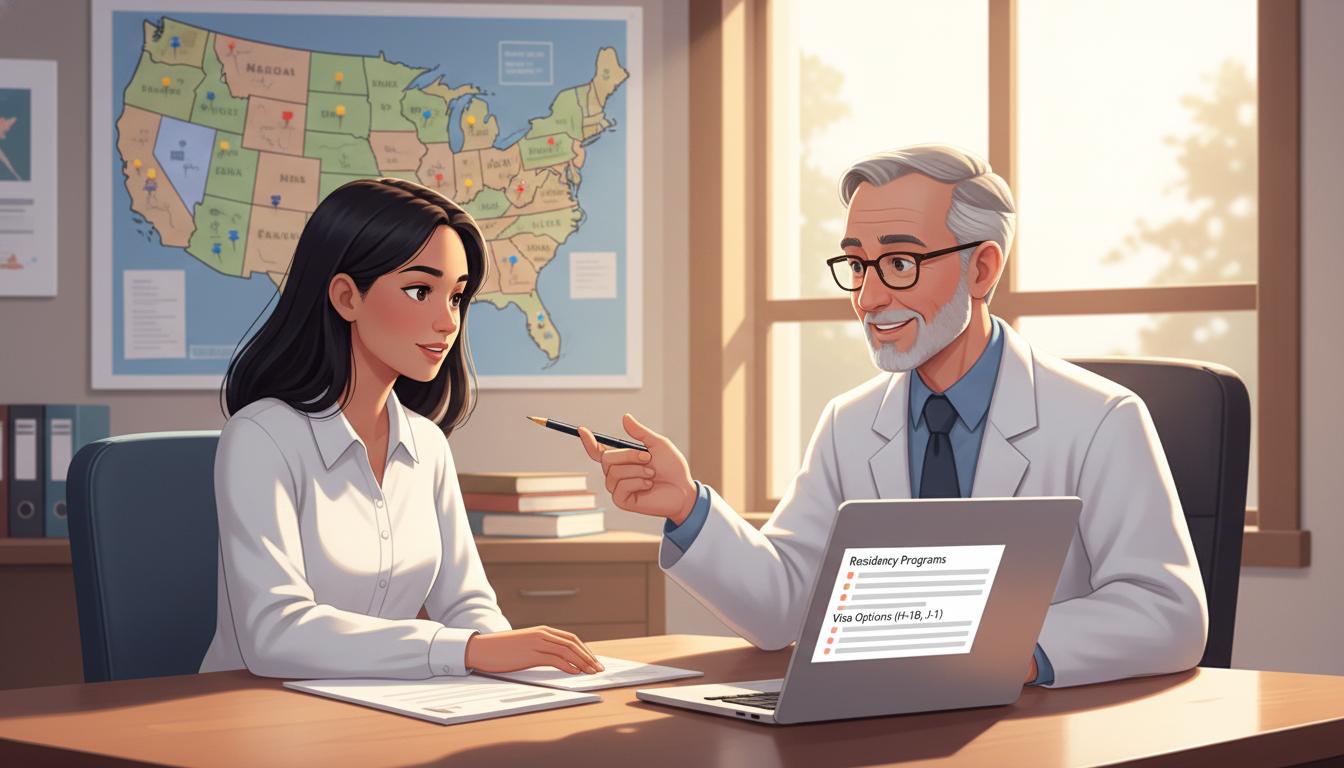 International medical graduate discussing geographic and visa strategy with a mentor International medical graduate discussing geographic and visa strategy with a mentor - non-US citizen IMG for Geographic Flex