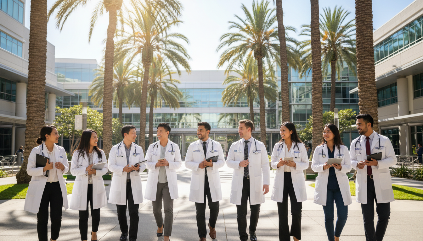 Diverse residents in white coats walking through a Southern California hospital courtyard with palm trees Diverse residents in white coats walking through a Southern California hospital courtyard with palm trees - non-US citizen IM