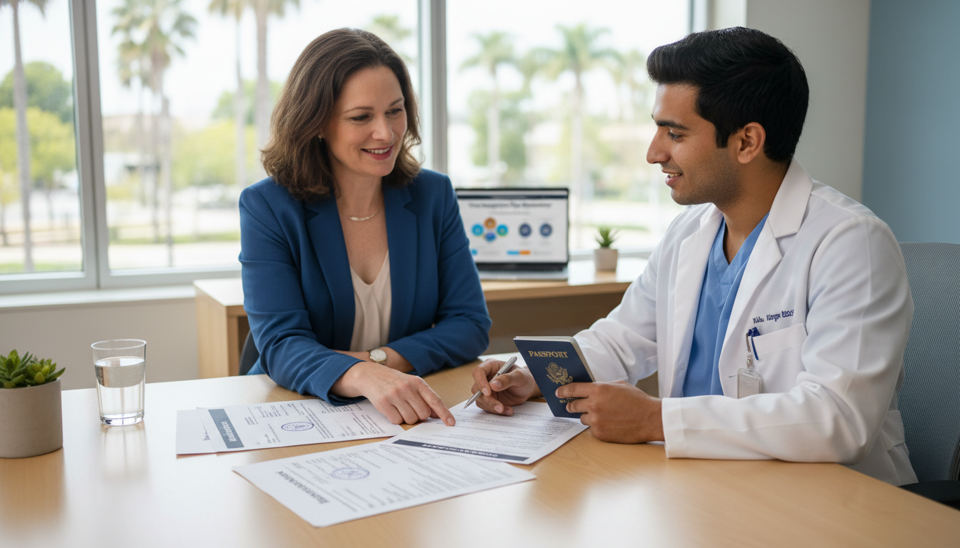 Residency applicant in Southern California meeting with program coordinator about visa paperwork Residency applicant in Southern California meeting with program coordinator about visa paperwork - non-US citizen IMG for Vis