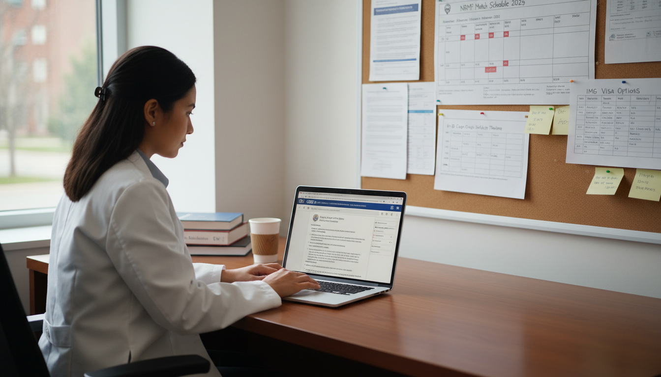 International medical graduate reviewing H-1B visa policies for residency at a university hospital office International medical graduate reviewing H-1B visa policies for residency at a university hospital office - non-US citizen IM