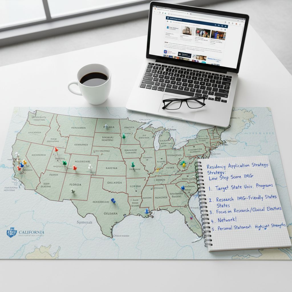 Map of US state university residency programs with notes and strategy planning - non-US citizen IMG for Low Step Score Strate