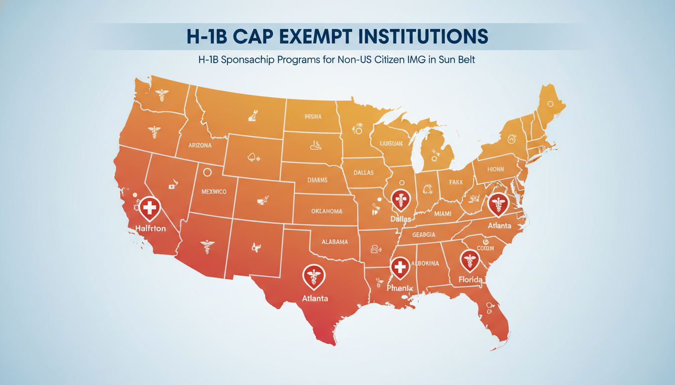 Map showing Sun Belt US states with academic hospitals marked for H-1B cap-exempt residency programs Map showing Sun Belt US states with academic hospitals marked for H-1B cap-exempt residency programs - non-US citizen IMG for
