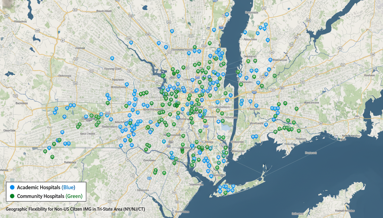 Map of tri-state area highlighting residency program types and locations Map of tri-state area highlighting residency program types and locations - non-US citizen IMG for Geographic Flexibility for