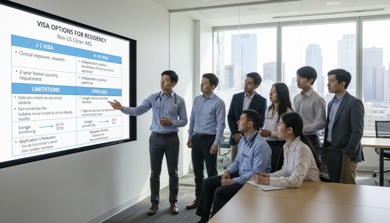 Chart comparing J-1 versus H-1B visa options for residency applicants - non-US citizen IMG for Visa Navigation for Residency