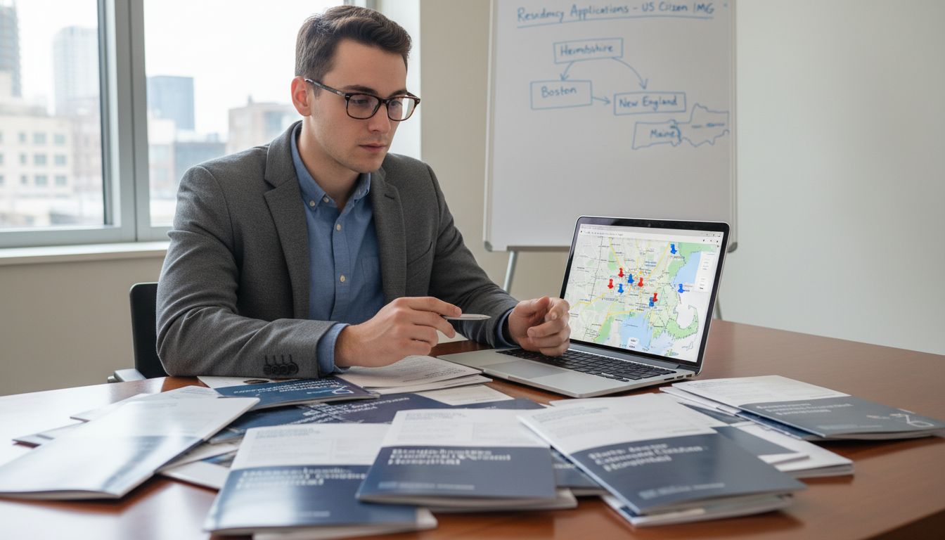 US Citizen IMG reviewing a map of Boston and surrounding residency program regions US Citizen IMG reviewing a map of Boston and surrounding residency program regions - US citizen IMG for Geographic Flexibilit