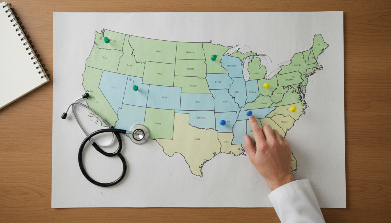 Map of the US highlighting IMG-friendly regions for residency applications Map of the US highlighting IMG-friendly regions for residency applications - US citizen IMG for Geographic Flexibility for US
