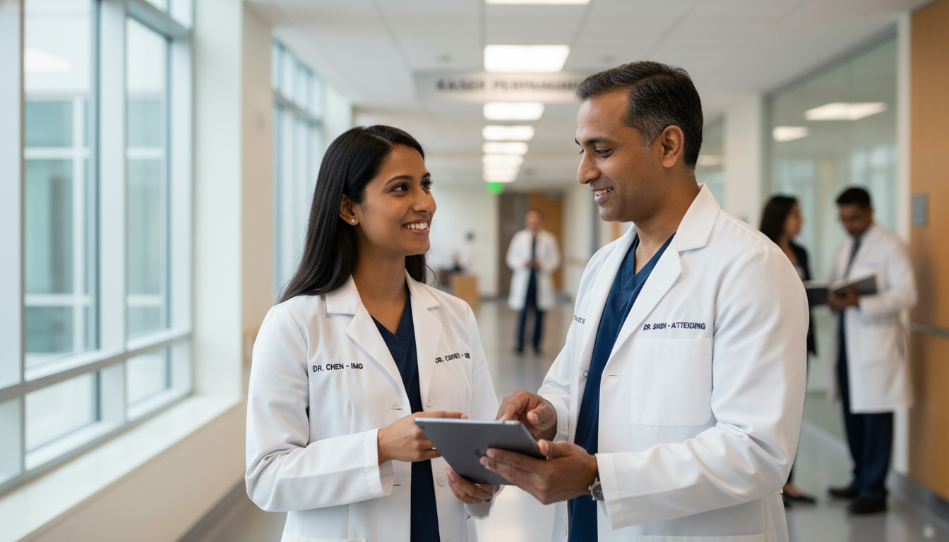 IMG medical student interacting with faculty mentor in clinical setting - US citizen IMG for Low Step Score Strategies for US