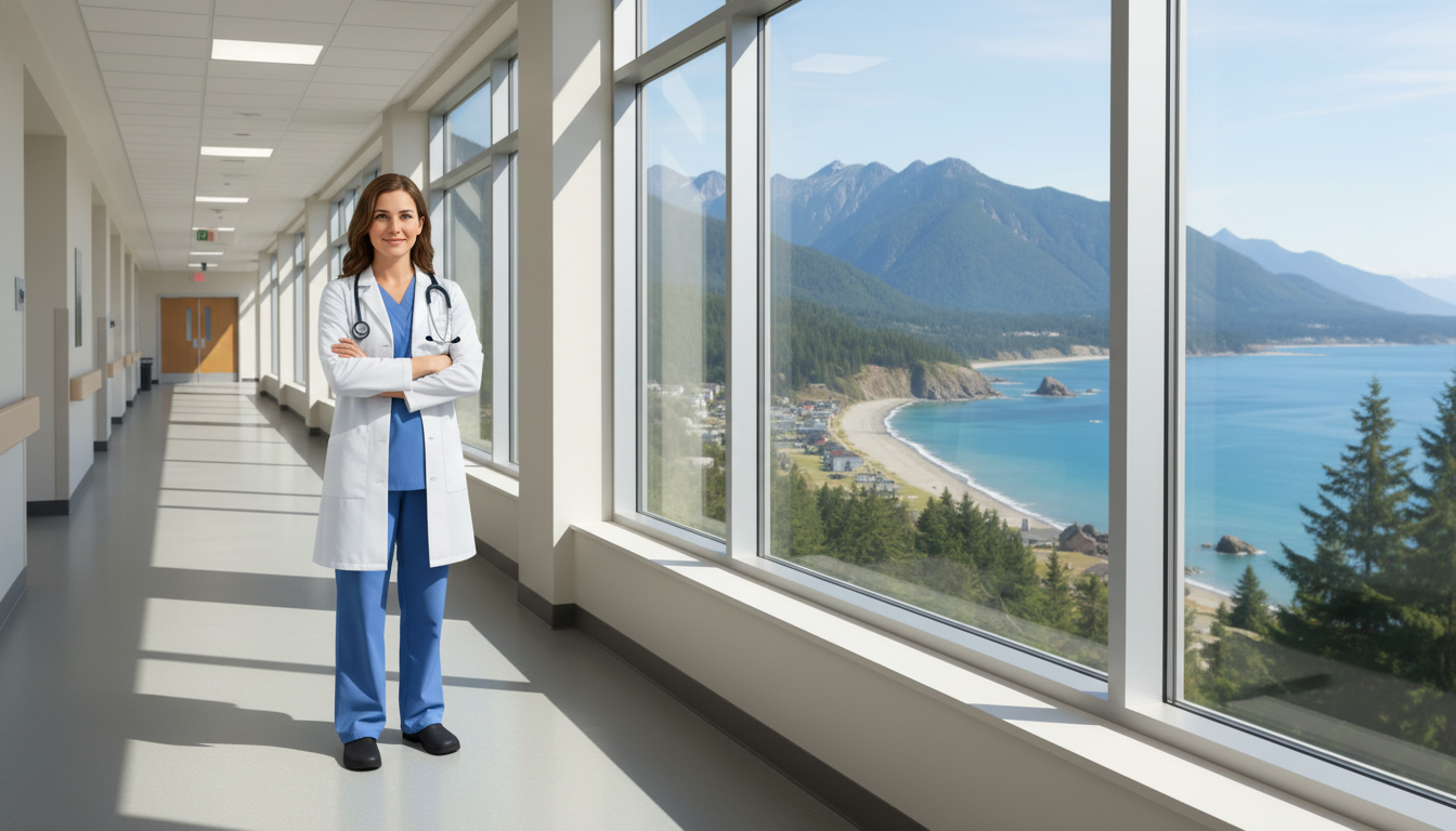 Resident physician working in a community hospital with mountain and coastal scenery visible outside - US citizen IMG for Geo