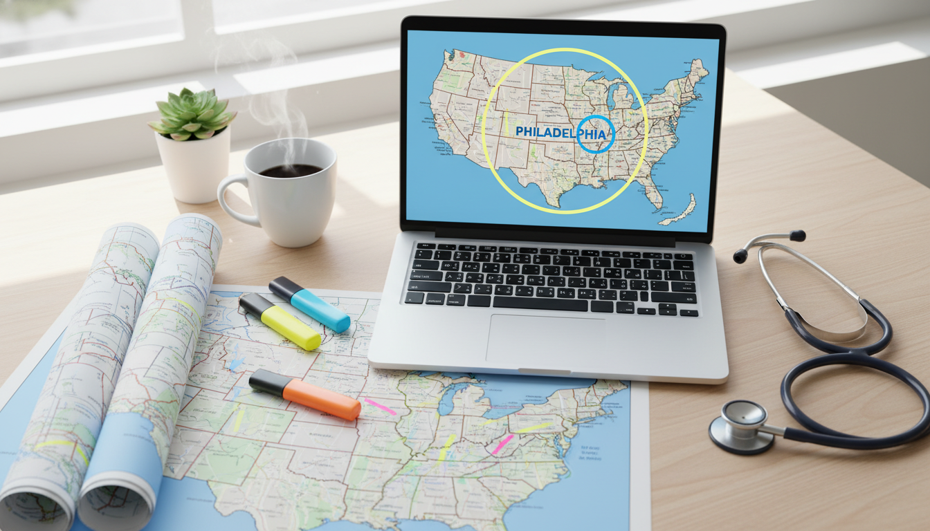 Interactive map of residency opportunities around Philadelphia Interactive map of residency opportunities around Philadelphia - US citizen IMG for Geographic Flexibility for US Citizen IMG