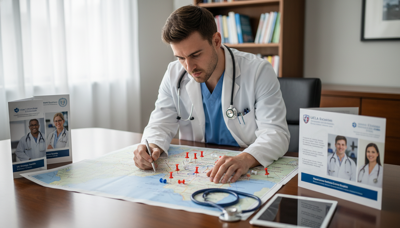 US citizen IMG reviewing Southern California residency options on a map US citizen IMG reviewing Southern California residency options on a map - US citizen IMG for Low Step Score Strategies for US