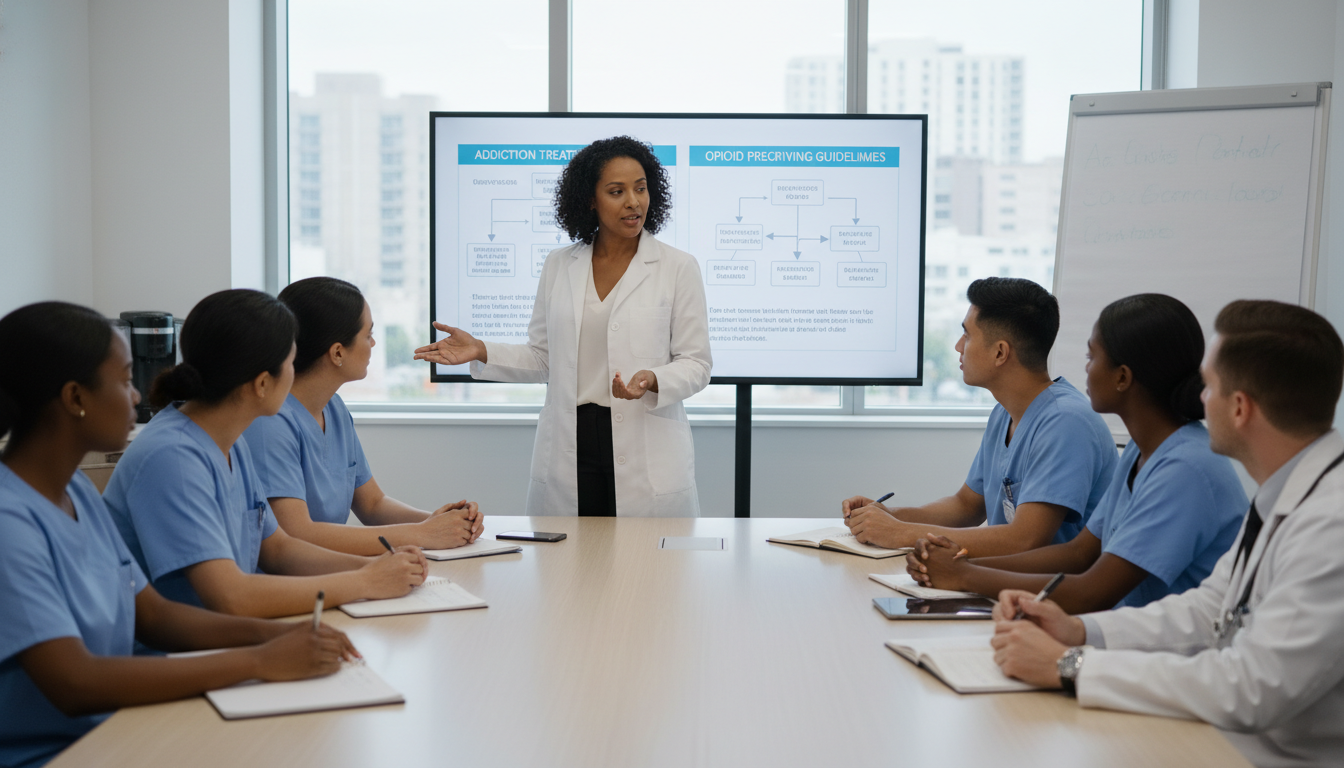 Academic addiction medicine physician teaching residents and medical students in a hospital conference room - Caribbean medic